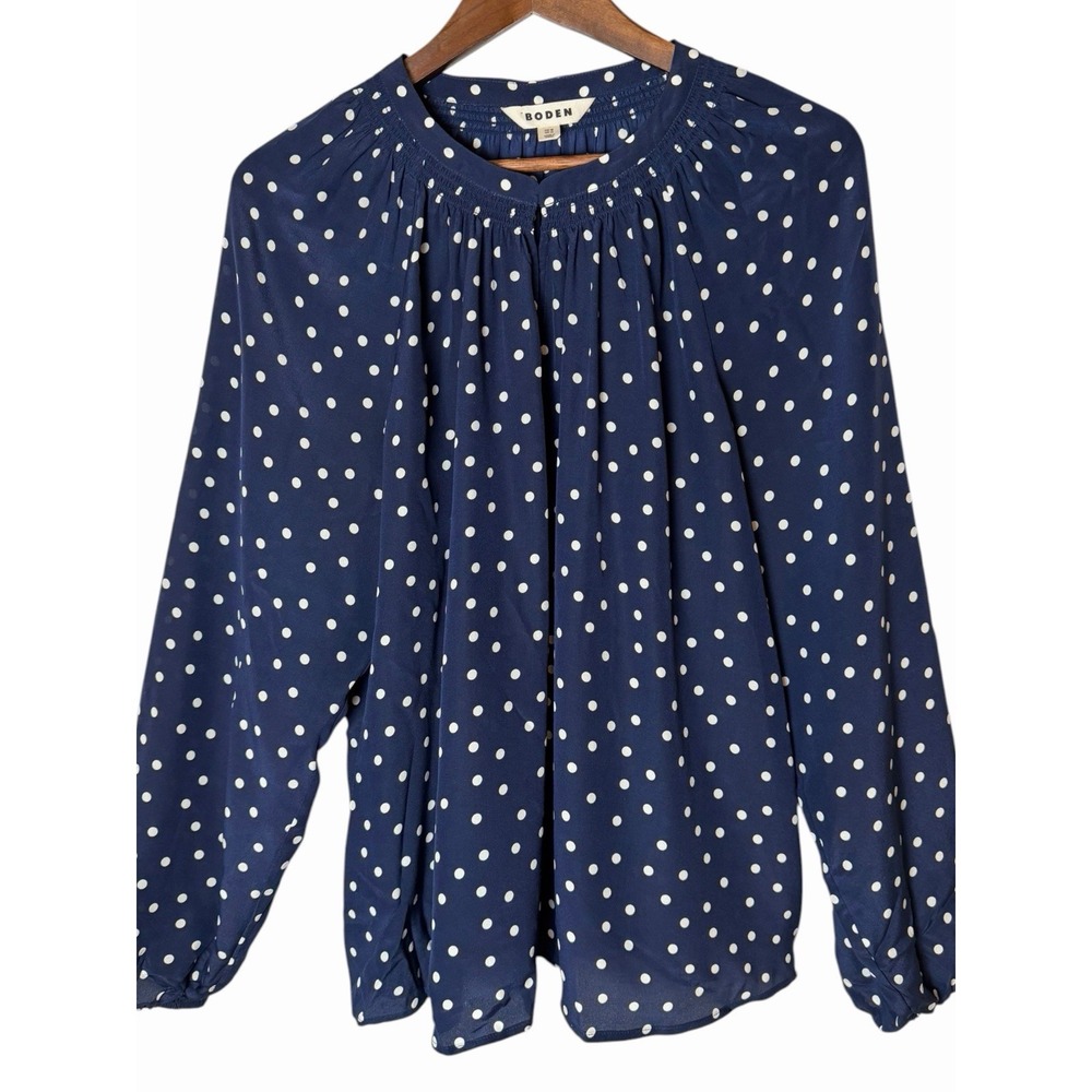 Boden Womens Navy Blue White Polka Dot 100% Silk V-Neck Blouse Top Size 14